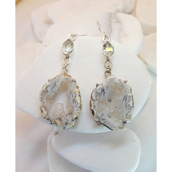 Natural Geode Slice Quartz Druzy Herkimer Diamond Sterling Silver Earrings - Picture 5 of 8